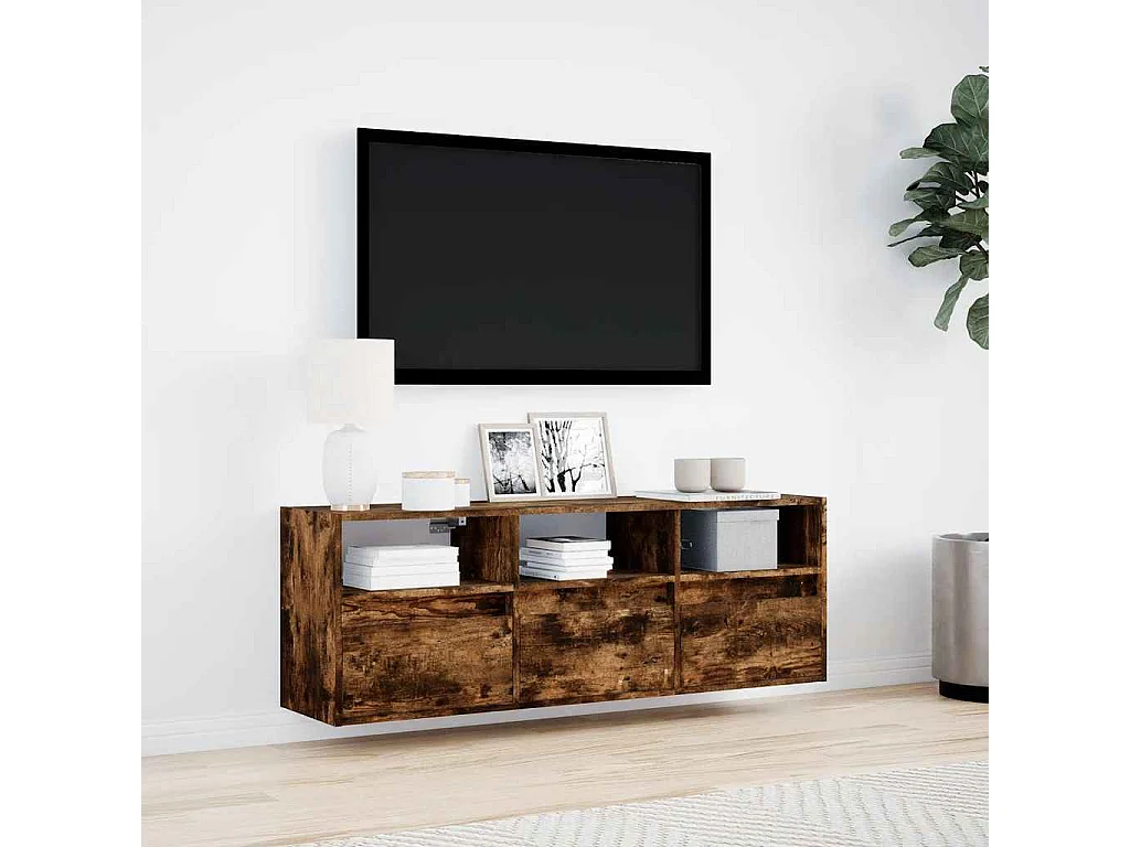 Meuble TV mural avec lumières LED chêne fumé 130x31x45 cm