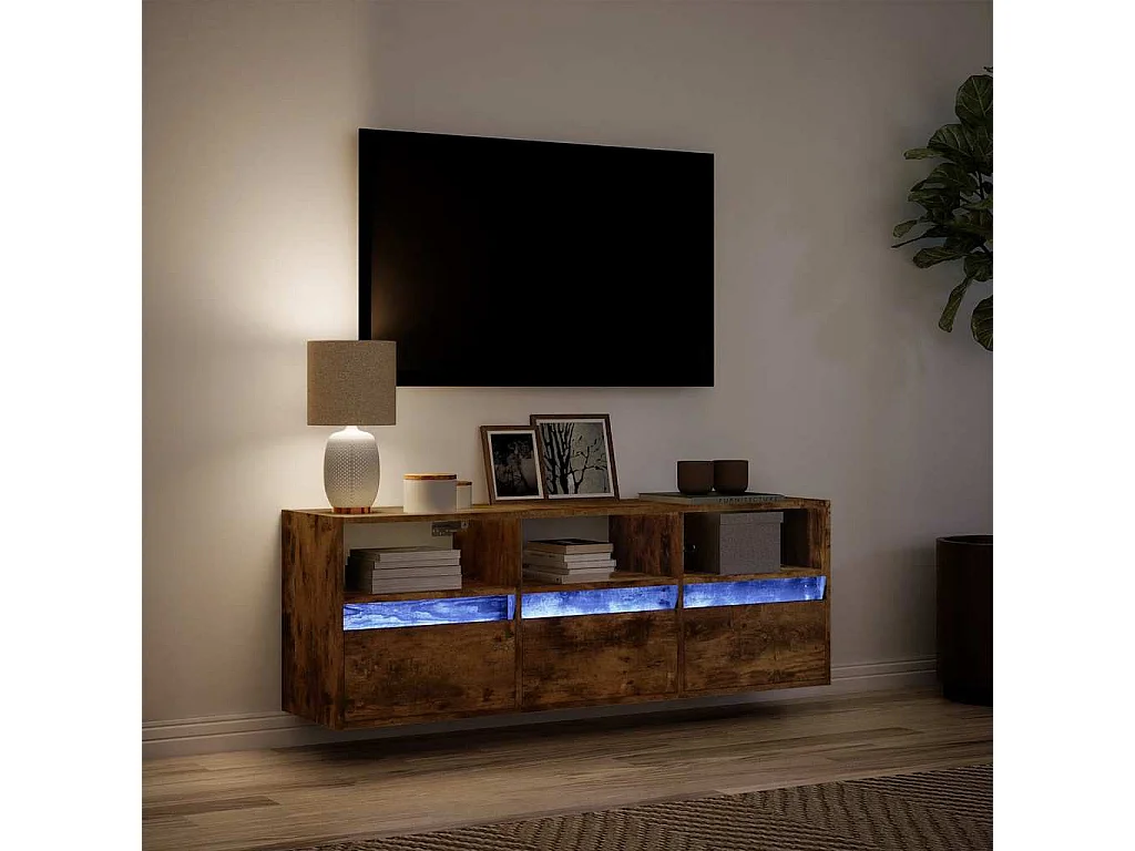 Meuble TV mural avec lumières LED chêne fumé 130x31x45 cm