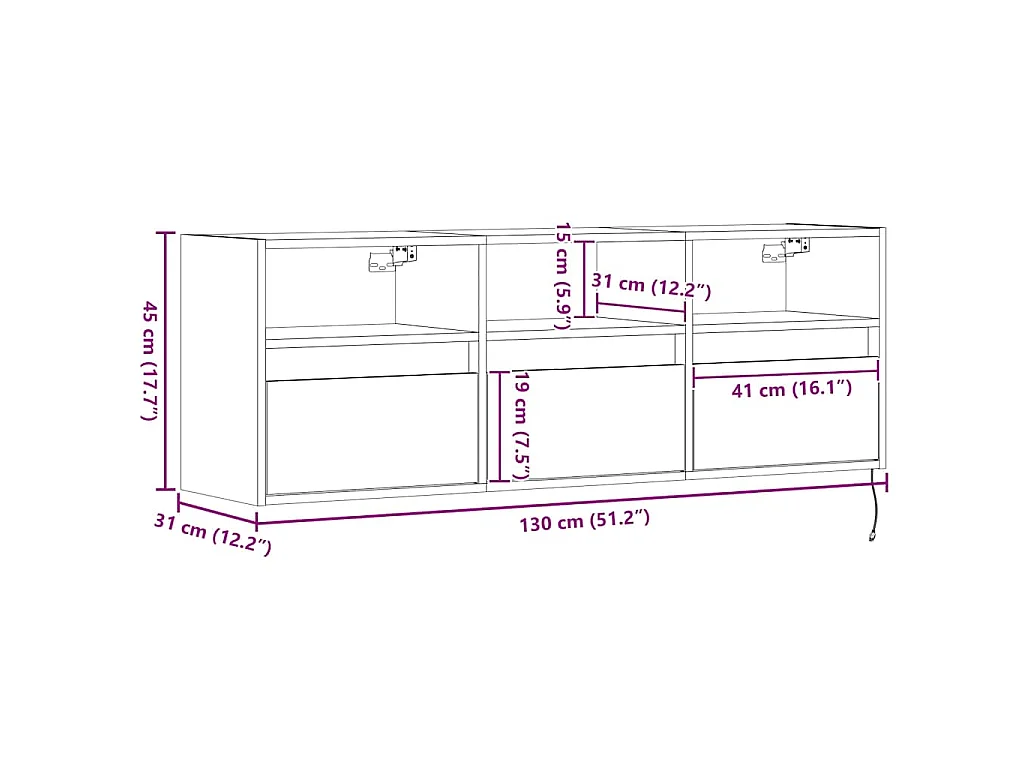Mobile TV a Parete con Luci LED Rovere Fumo 130x31x45 cm