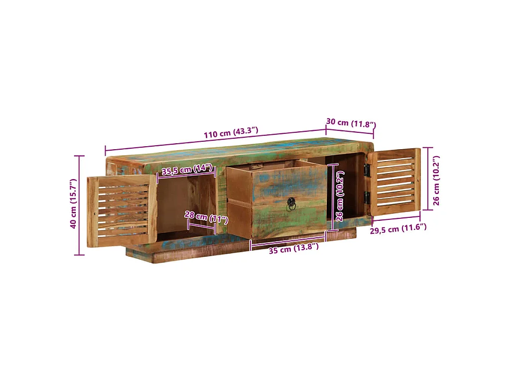 Meuble TV 110x30x40 cm bois massif de récupération