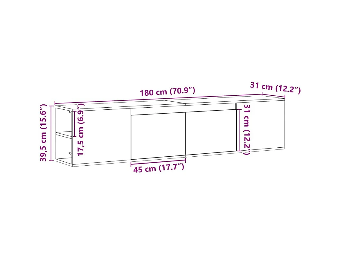 Tv-wandmeubel met LED-verlichting 180x31x39,5 cm grijs sonoma