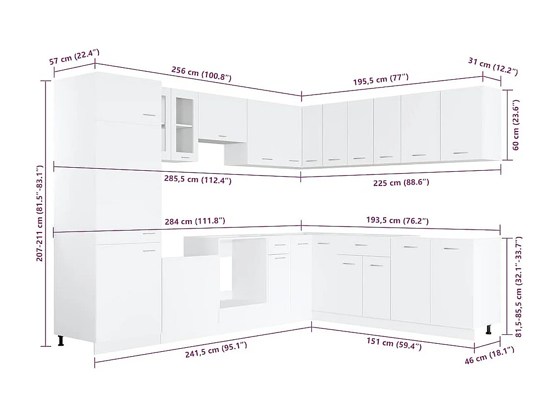 Ensemble de 14 meubles de cuisine "Lyon" en bois d'ingénierie blanc