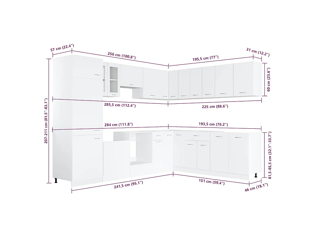 Ensemble de 14 meubles de cuisine "Lyon" en bois d'ingénierie blanc
