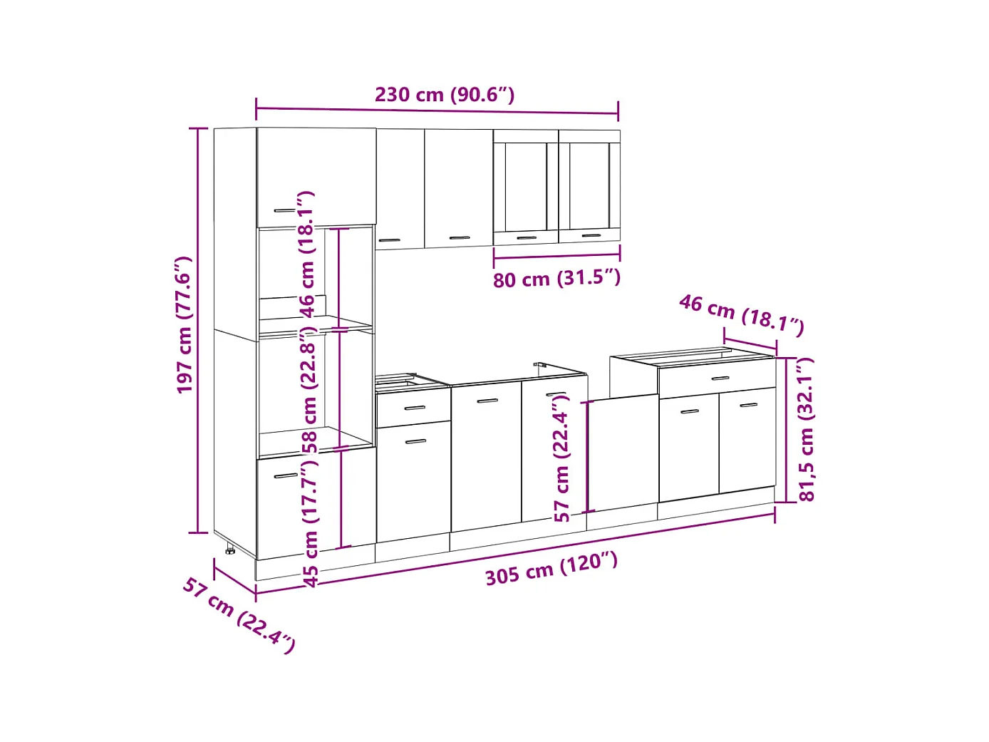 7-delige Keukenkastenset Lyon bewerkt hout sonoma eikenkleurig