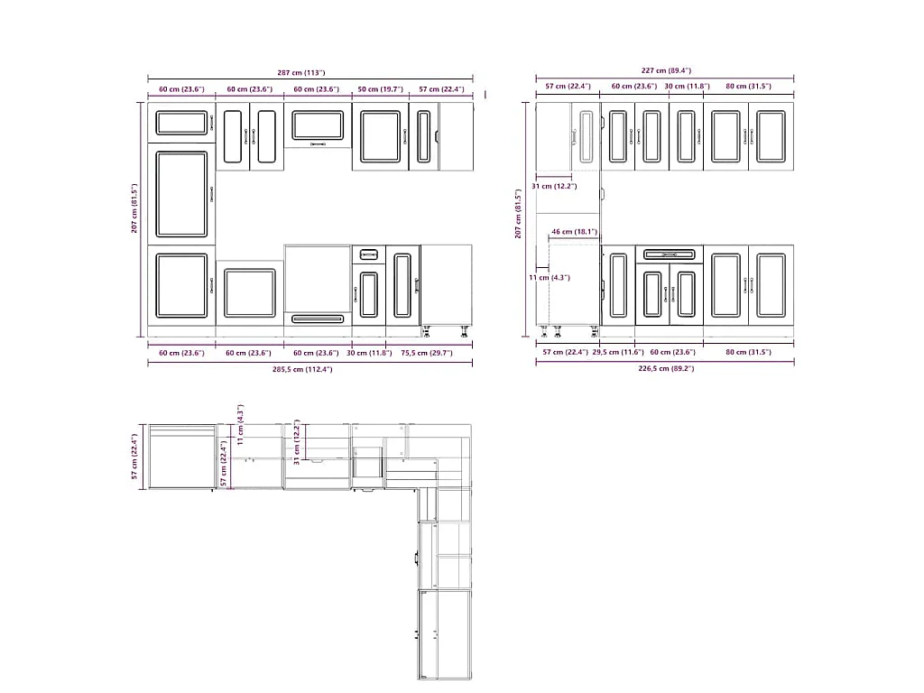 Ensemble de 14 meubles de cuisine en bois d'ingénierie "Kalmar" en chêne brun