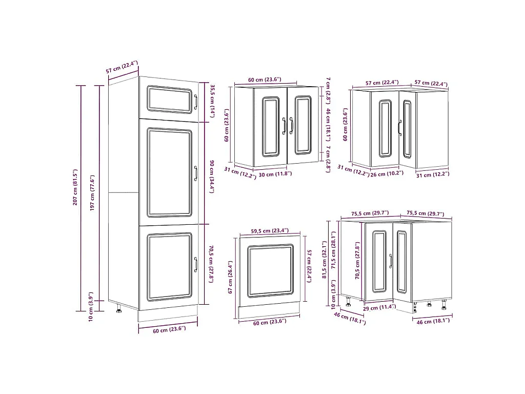 Ensemble de 14 meubles de cuisine en bois d'ingénierie "Kalmar" en chêne brun