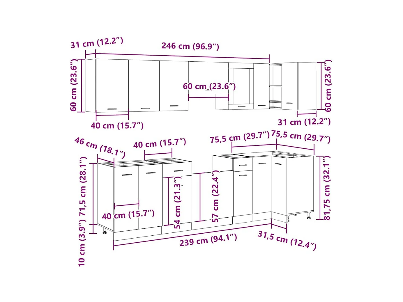 Ensemble de 11 meubles de cuisine "Lyon" en bois d'ingénierie vieilli