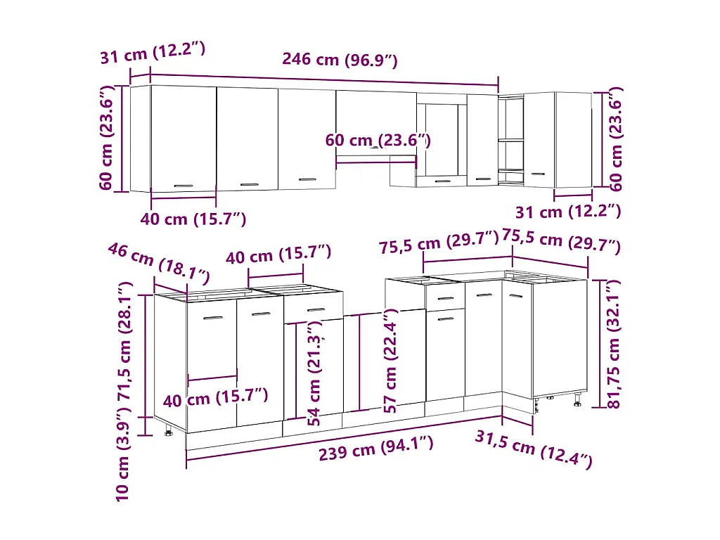 Ensemble de 11 meubles de cuisine "Lyon" en bois d'ingénierie vieilli
