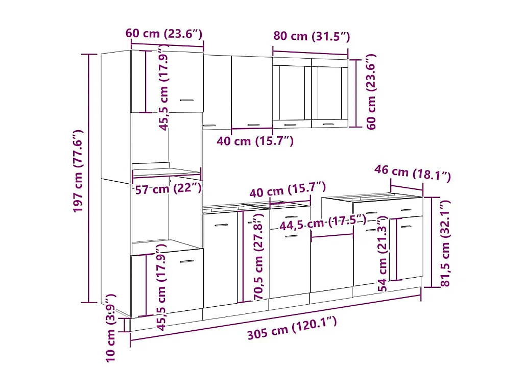 Ensemble de 7 meubles de cuisine "Lyon" en bois d'ingénierie vieilli
