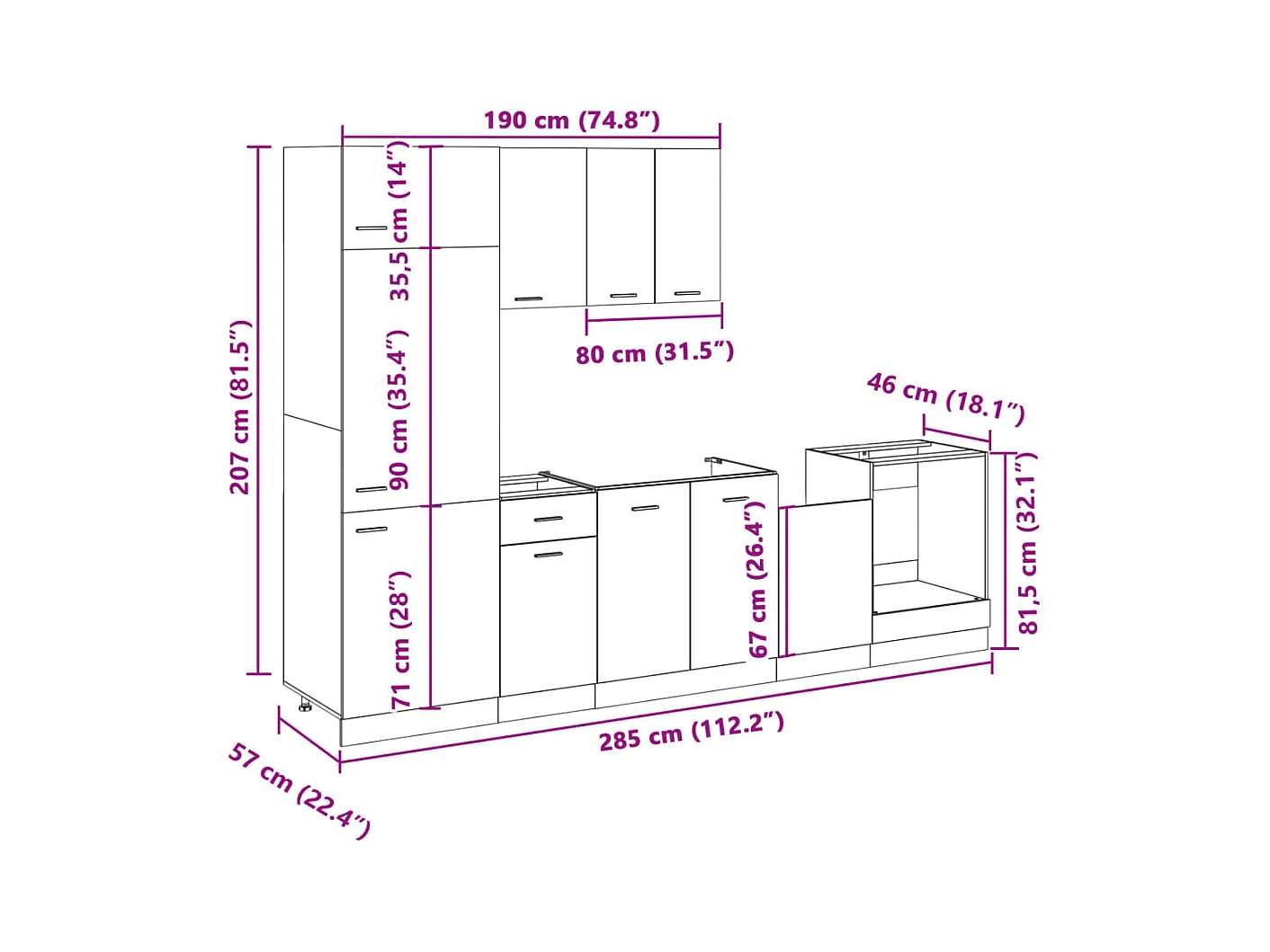 7-delige Keukenkastenset Lyon bewerkt hout sonoma eikenkleurig