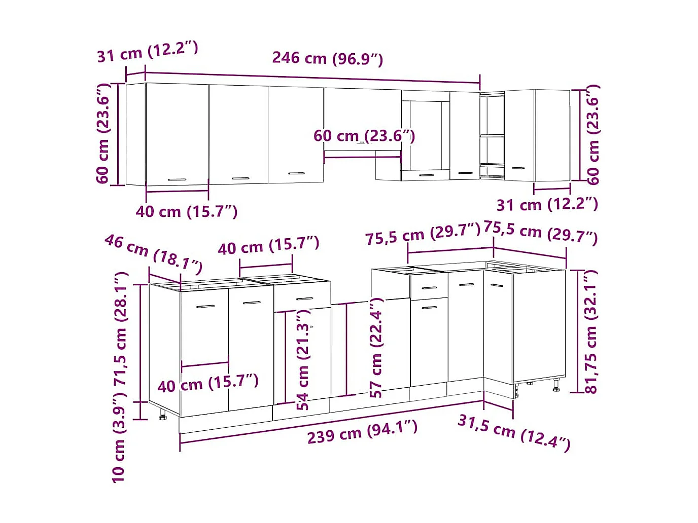 Ensemble de 11 meubles de cuisine "Lyon" en chêne artisanal