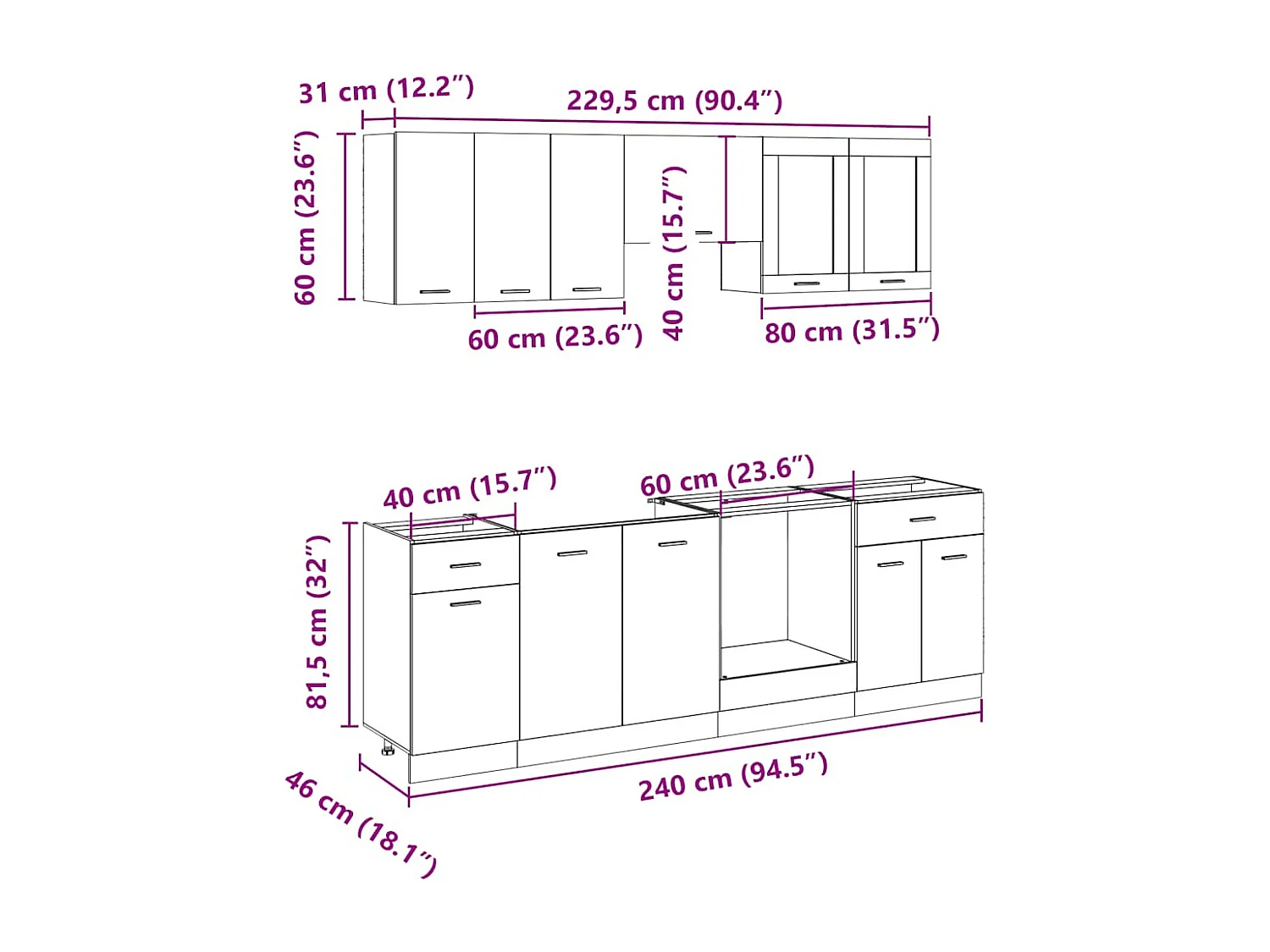 Ensemble de 8 meubles de cuisine "Lyon" en chêne Sonoma