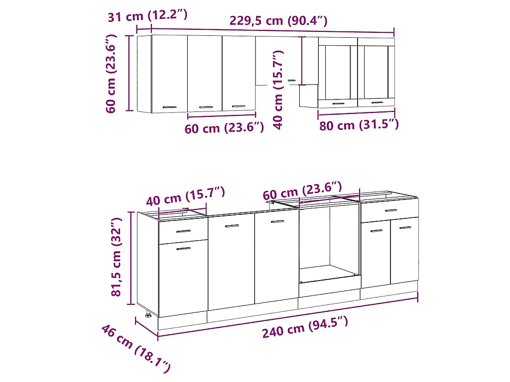 Ensemble de 8 meubles de cuisine "Lyon" en chêne Sonoma