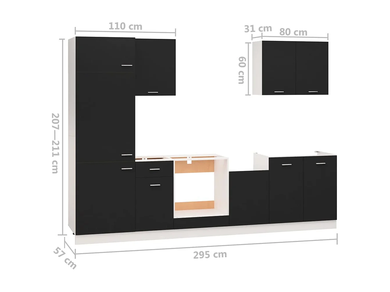 7-tlg. Küchenzeile Lyon Schwarz Holzwerkstoff