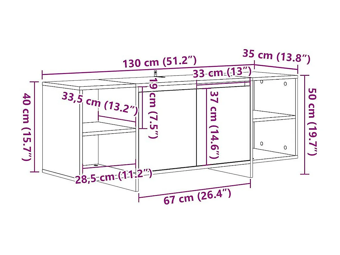 Meuble TV chêne artisanal 130x35x50 cm bois d'ingénierie