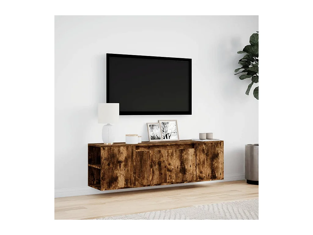 Meuble TV mural avec lumières LED chêne fumé 135x31x39,5 cm