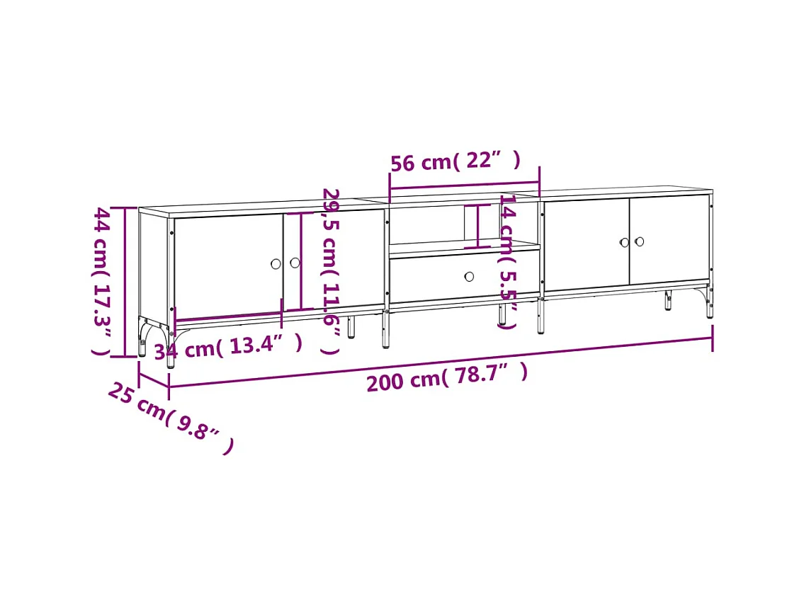 Meuble TV à tiroir chêne brun 200x25x44 cm bois d'ingénierie