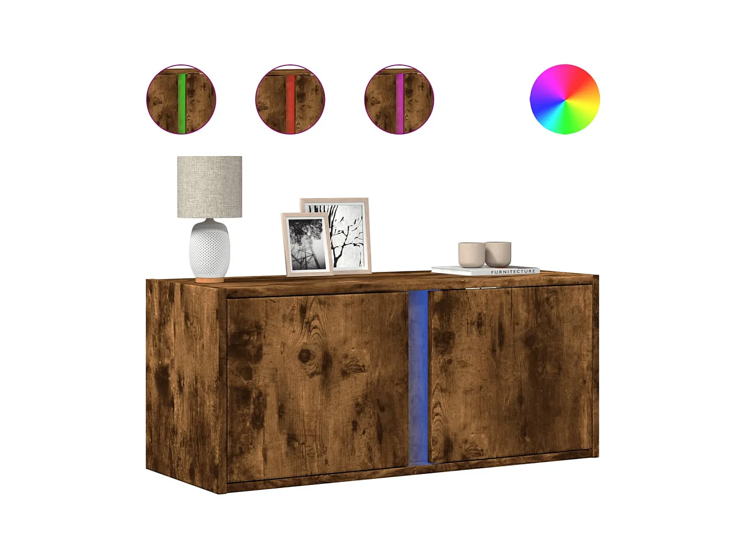 Meuble TV mural avec lumières LED chêne fumé 80x31x35 cm