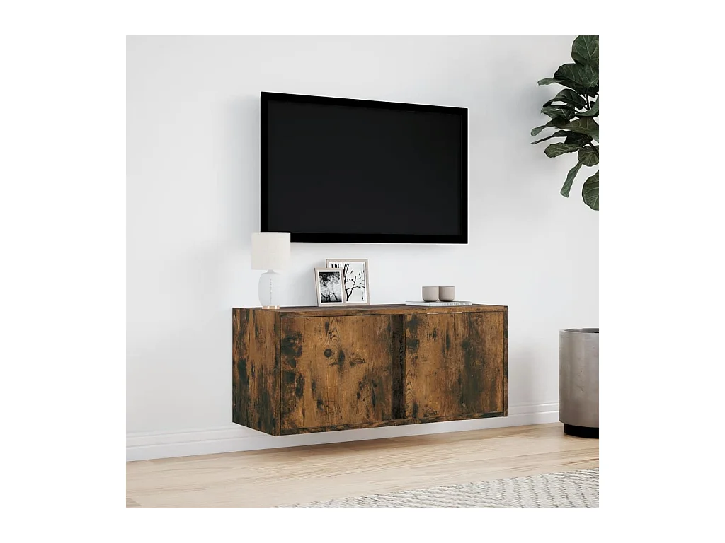 Meuble TV mural avec lumières LED chêne fumé 80x31x35 cm