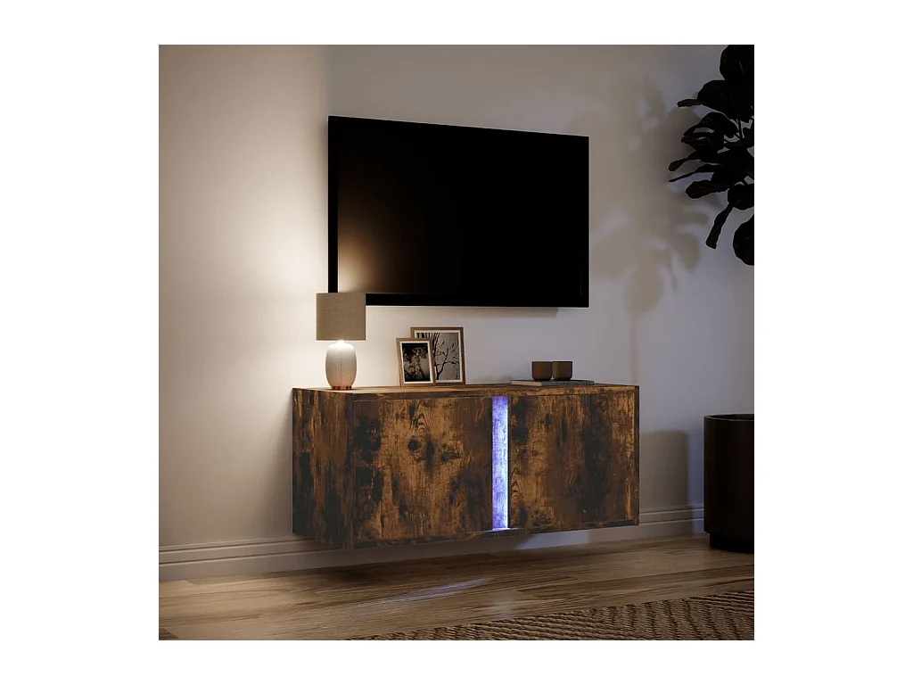 Meuble TV mural avec lumières LED chêne fumé 80x31x35 cm