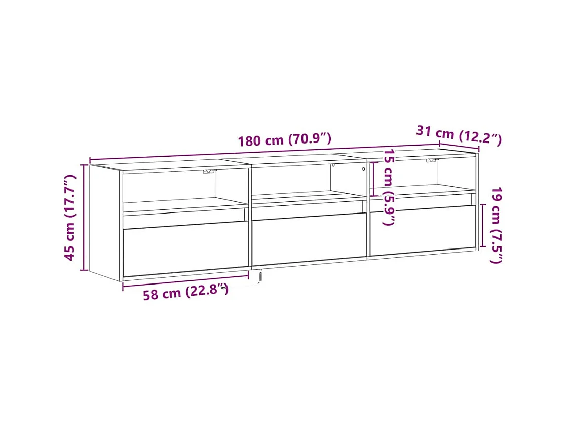 Meuble TV mural avec LED blanc 180x31x45 cm