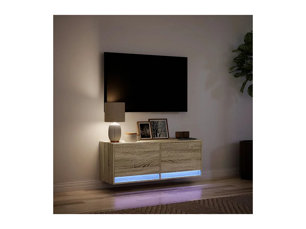 Meuble TV mural avec lumières LED chêne sonoma 100x31x35 cm