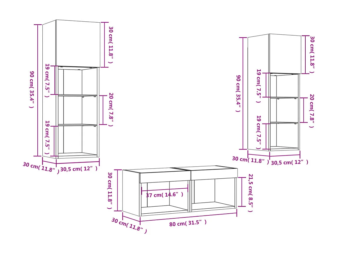 Meuble TV muraux 4 pcs avec lumières LED gris béton