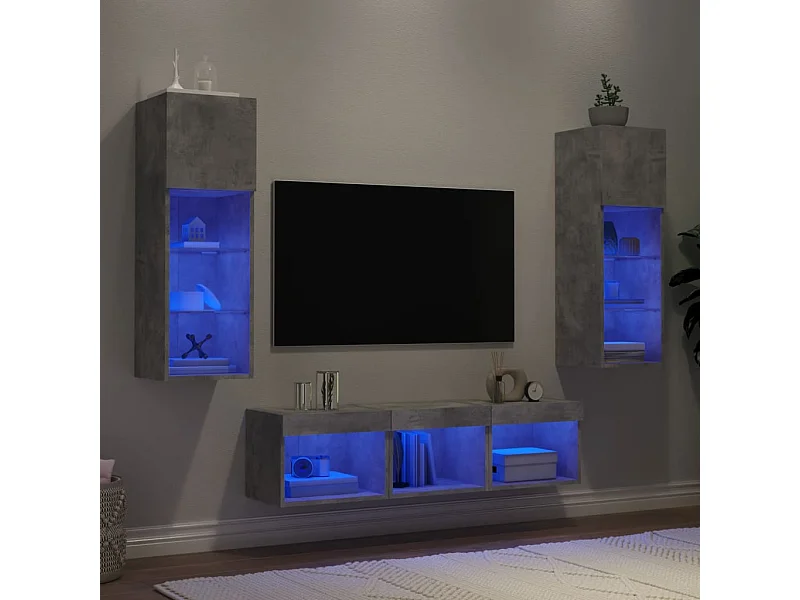 Mobili TV a Muro con LED 5pz Grigio Cemento Legno Multistrato