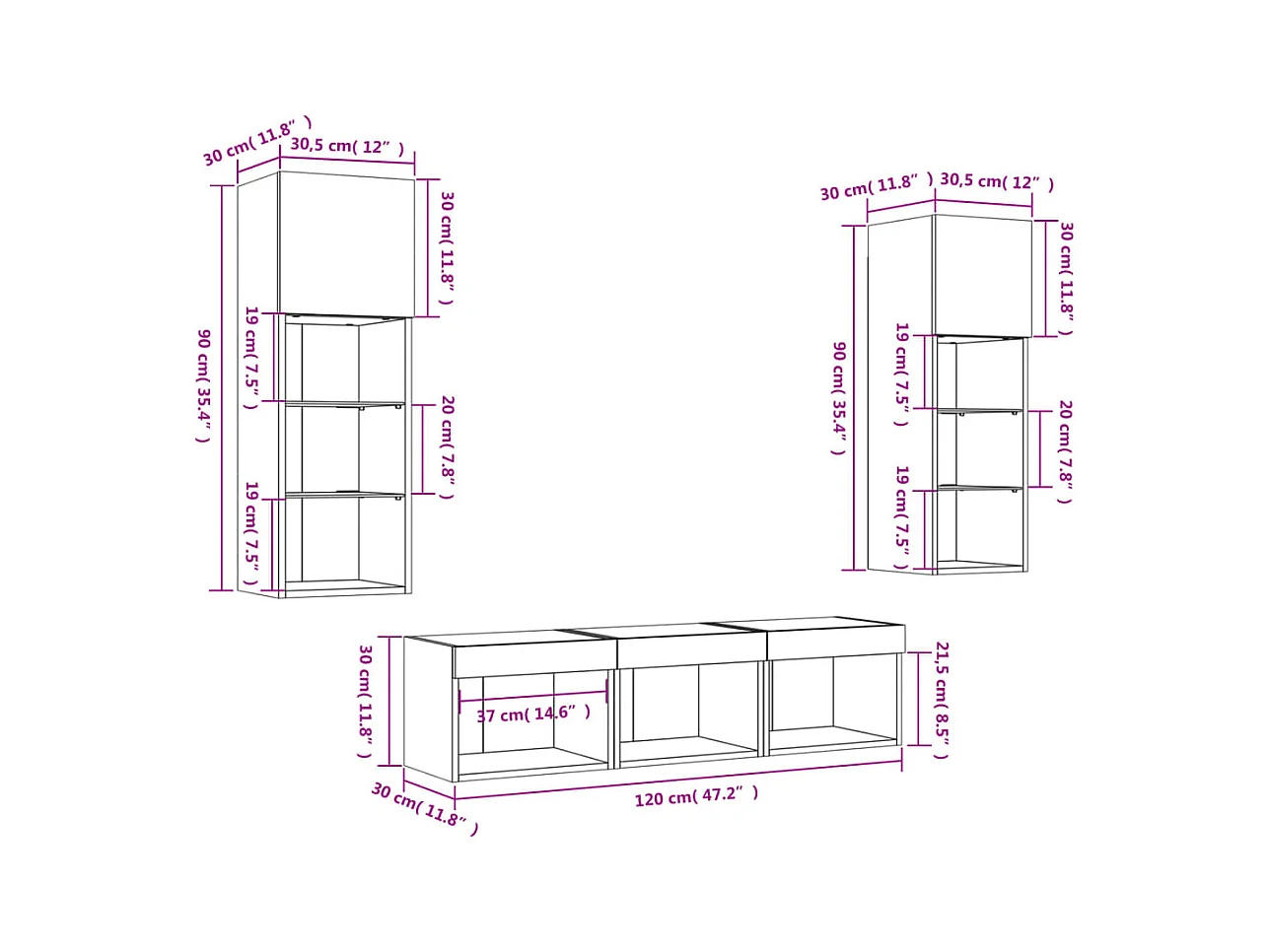 Mobili TV a Muro con LED 5pz Grigio Cemento Legno Multistrato