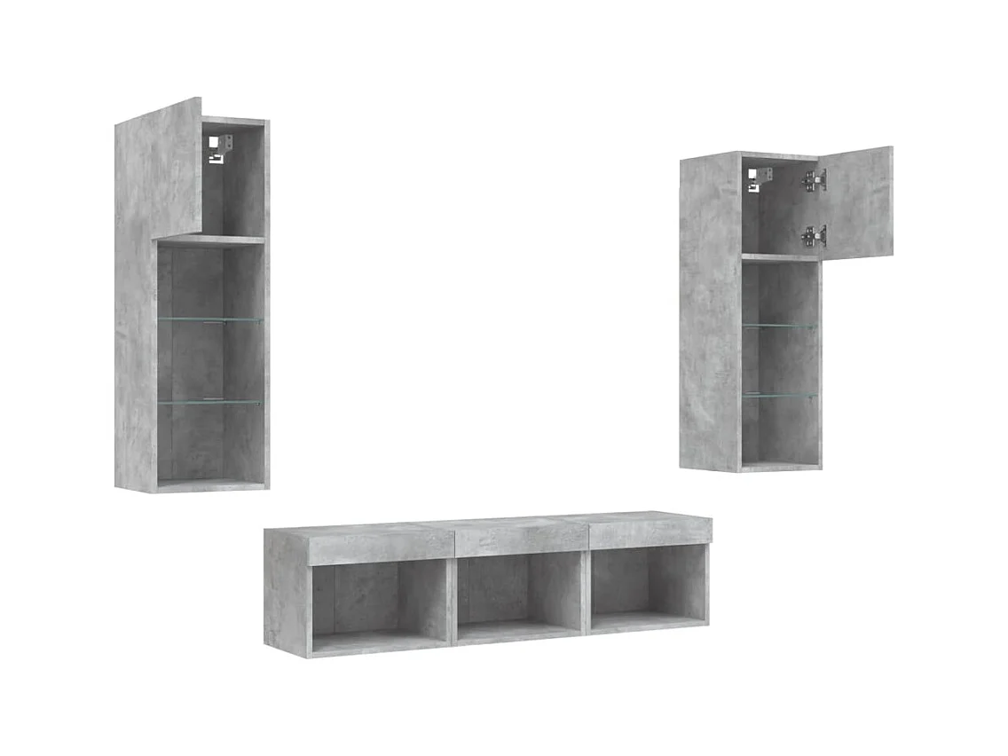 Mobili TV a Muro con LED 5pz Grigio Cemento Legno Multistrato