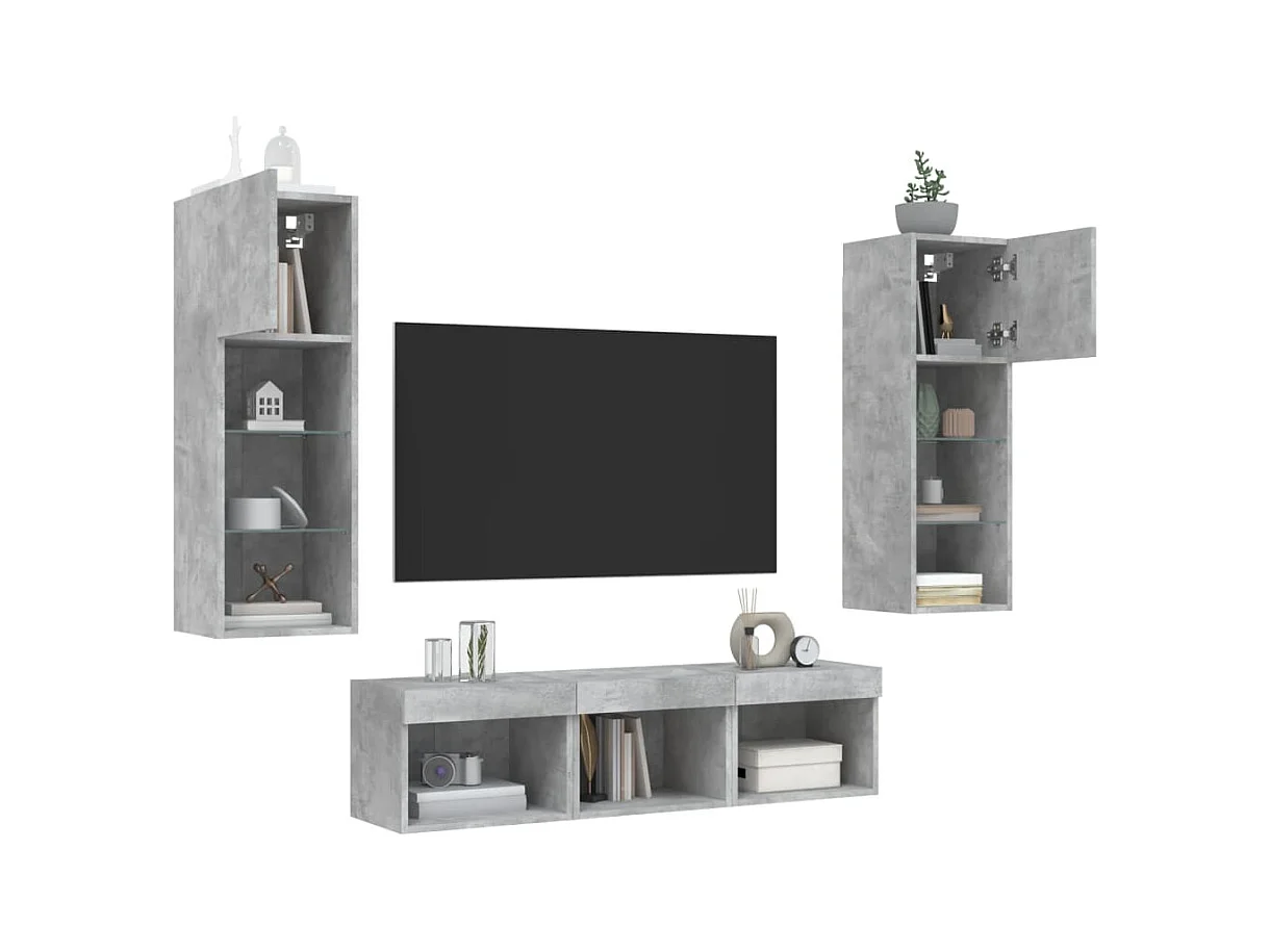 Muebles TV pared con LED 5 pzas madera ingeniería gris hormigón