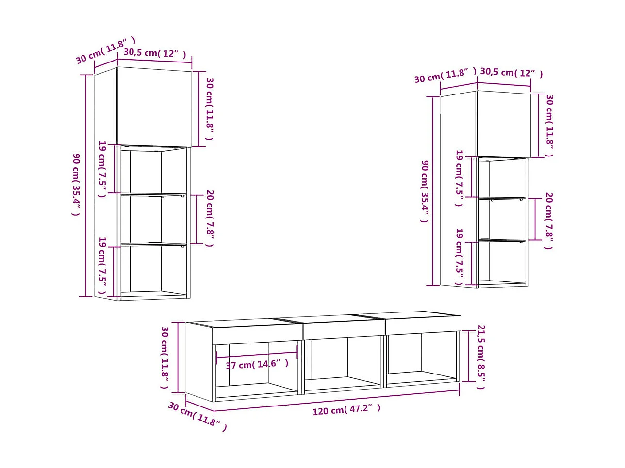Unités murales TV avec LED 5 pcs gris béton bois d'ingénierie
