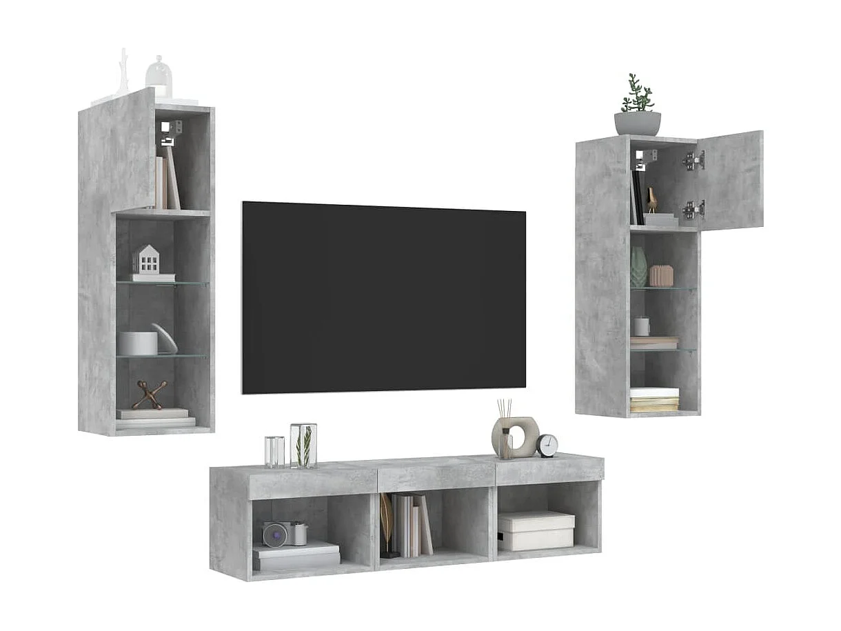 Unités murales TV avec LED 5 pcs gris béton bois d'ingénierie