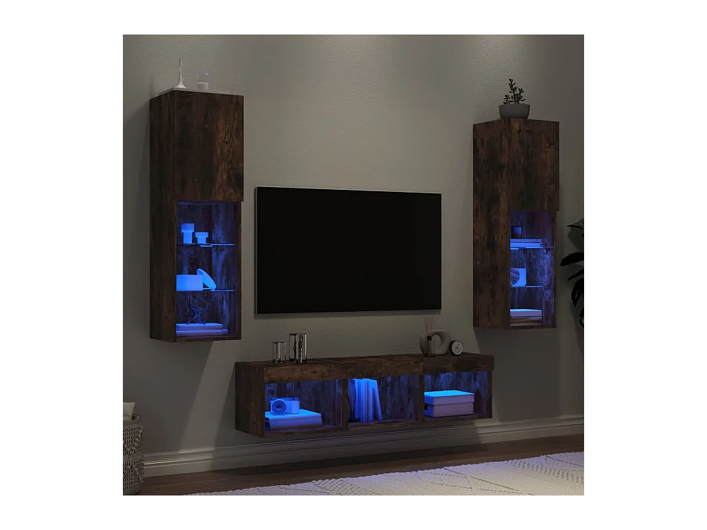 Mobili TV a Muro con LED 5pz Rovere Fumo in Legno Multistrato