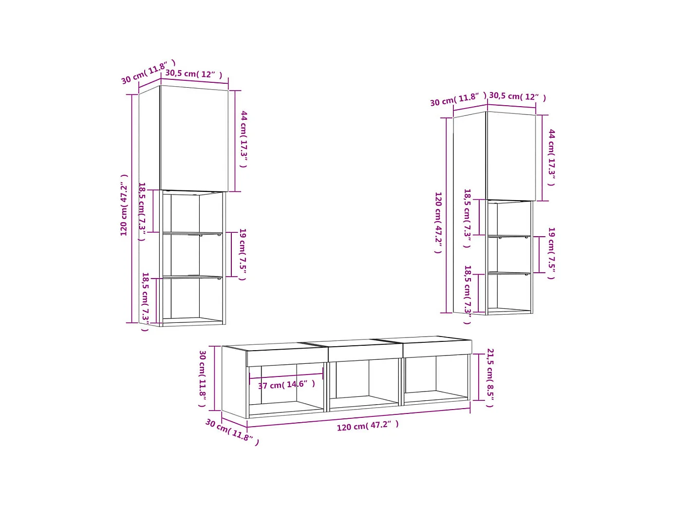 Mobili TV a Muro con LED 5pz Rovere Fumo in Legno Multistrato