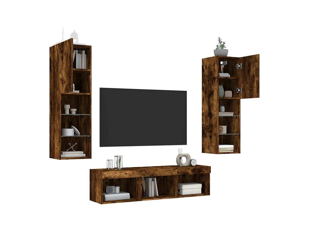 Mobili TV a Muro con LED 5pz Rovere Fumo in Legno Multistrato