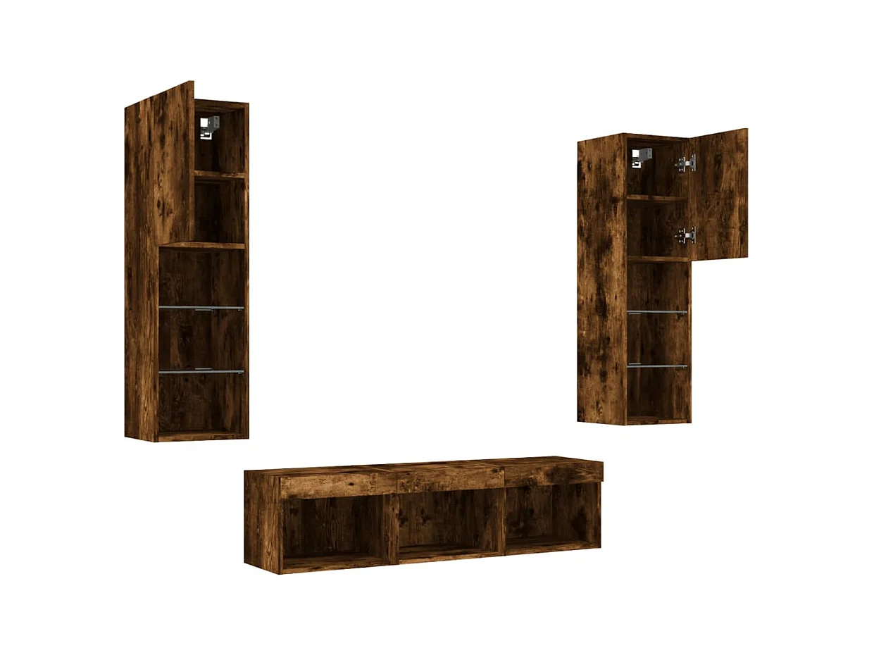 Mobili TV a Muro con LED 5pz Rovere Fumo in Legno Multistrato