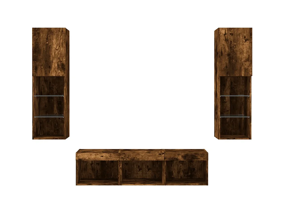Mobili TV a Muro con LED 5pz Rovere Fumo in Legno Multistrato