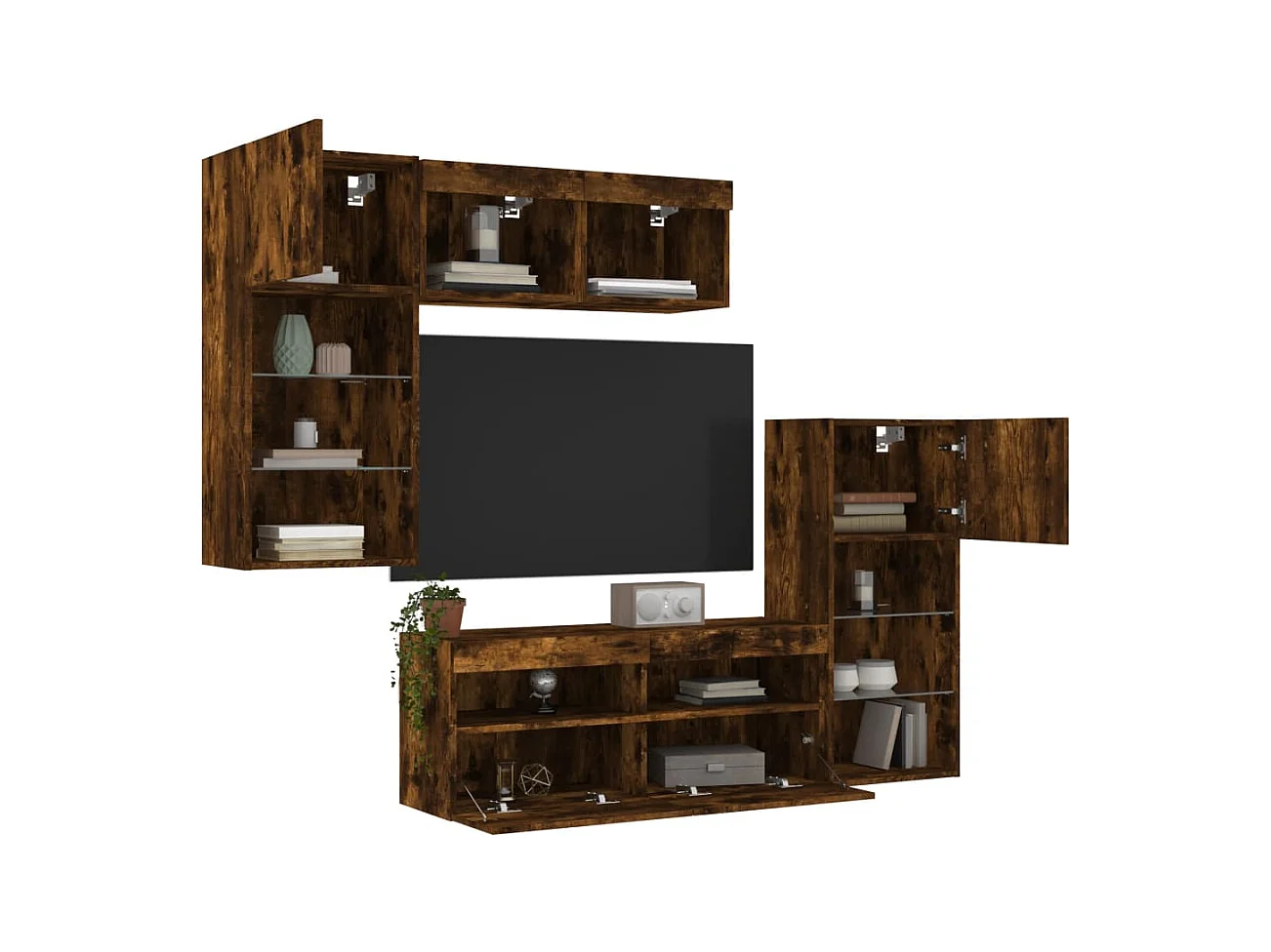 Unités murales TV avec LED 5 pcs chêne fumé bois d'ingénierie