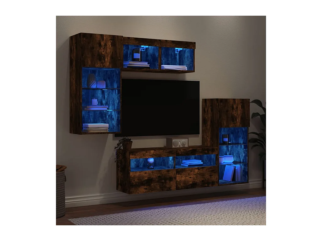 Mobili TV a Muro con LED 5pz Rovere Fumo in Legno Multistrato