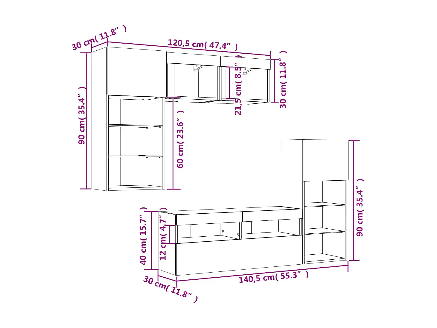 Mobili TV a Muro con LED 5pz Rovere Fumo in Legno Multistrato