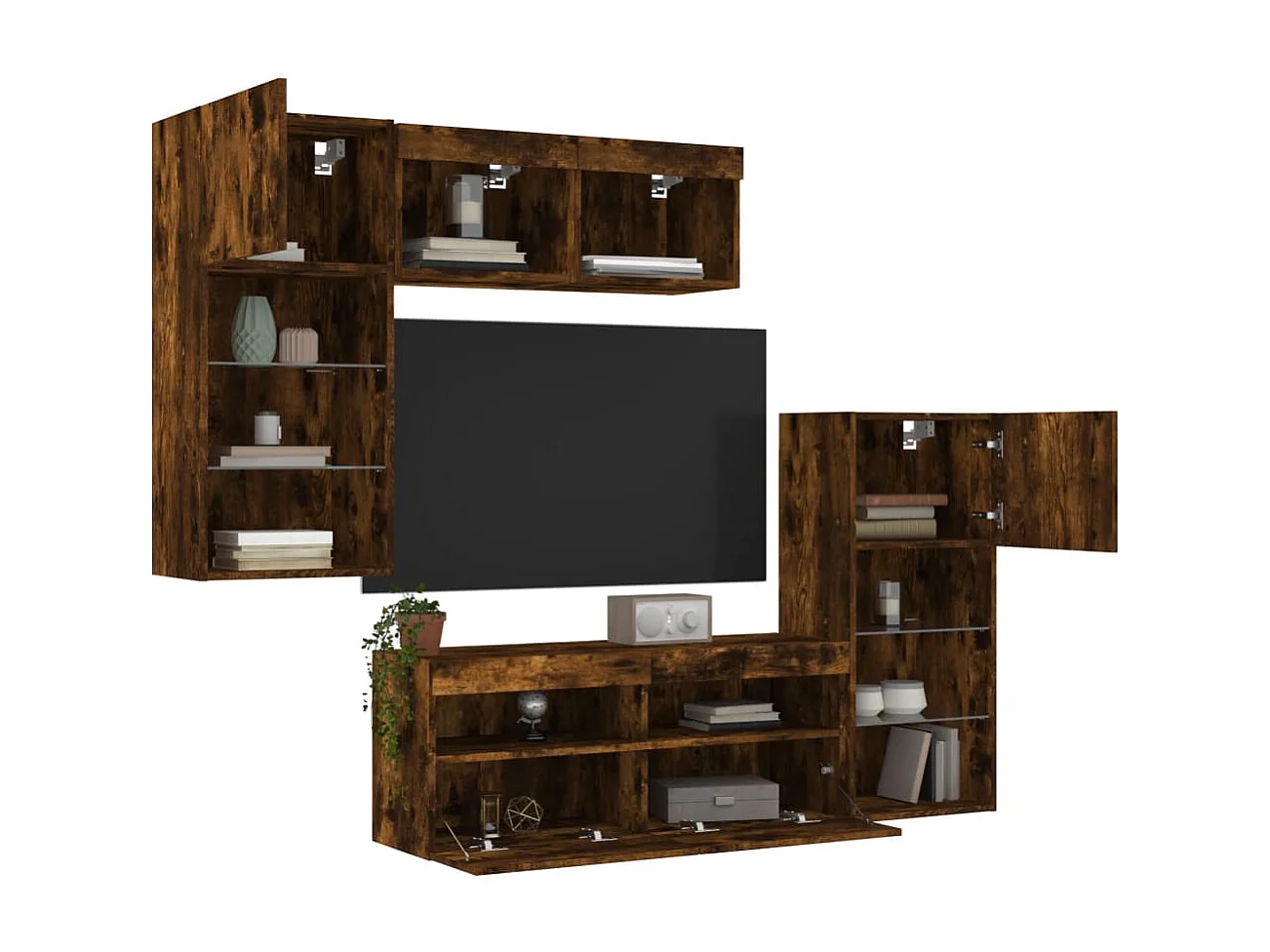 Mobili TV a Muro con LED 5pz Rovere Fumo in Legno Multistrato