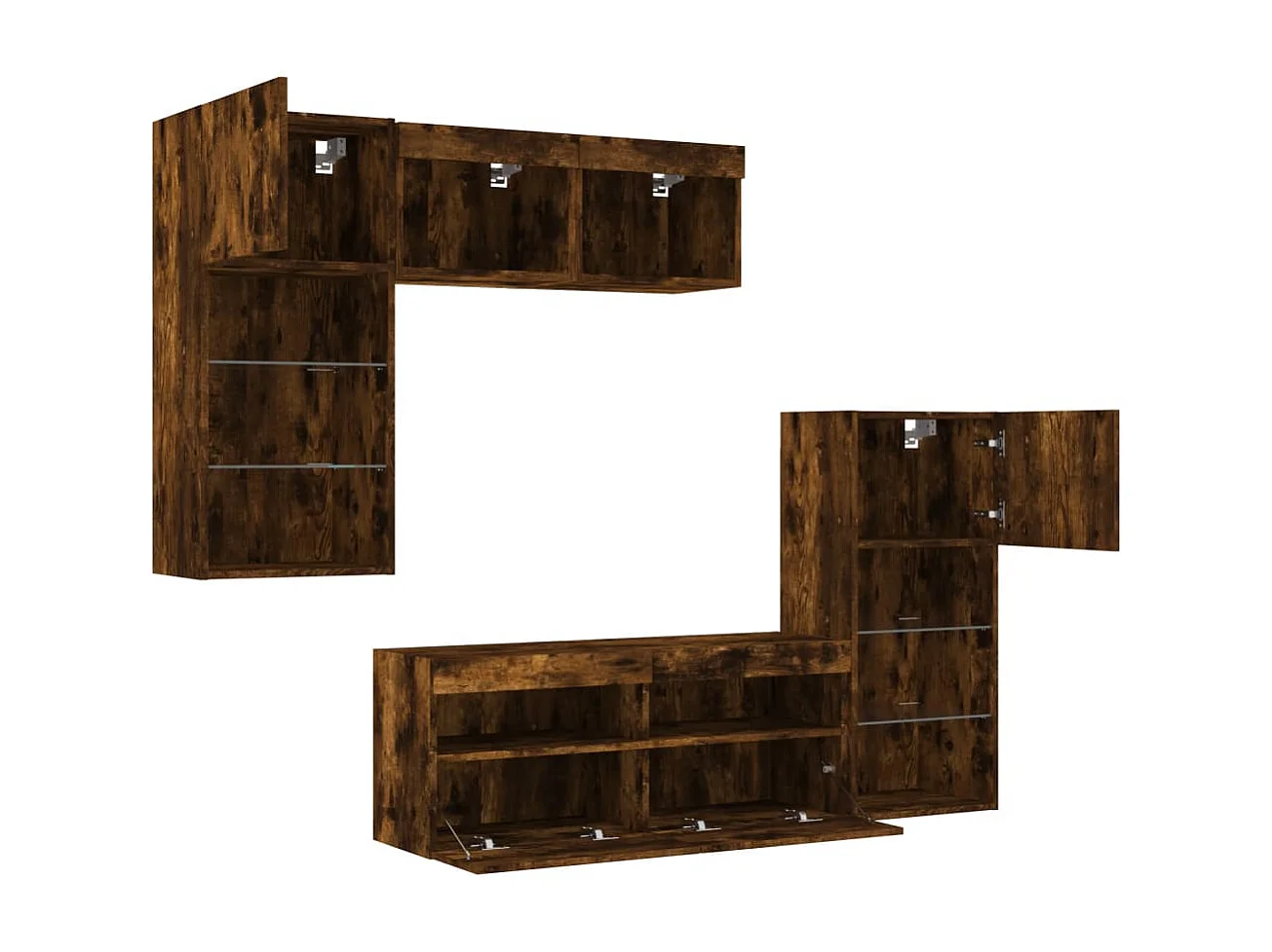 Mobili TV a Muro con LED 5pz Rovere Fumo in Legno Multistrato