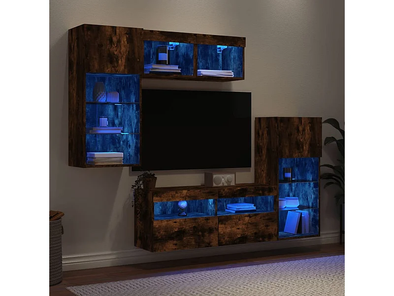 Mobili TV a Muro con LED 5pz Rovere Fumo in Legno Multistrato