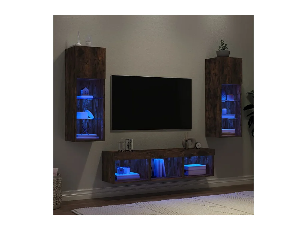 Unités murales TV avec LED 5 pcs chêne fumé bois d'ingénierie