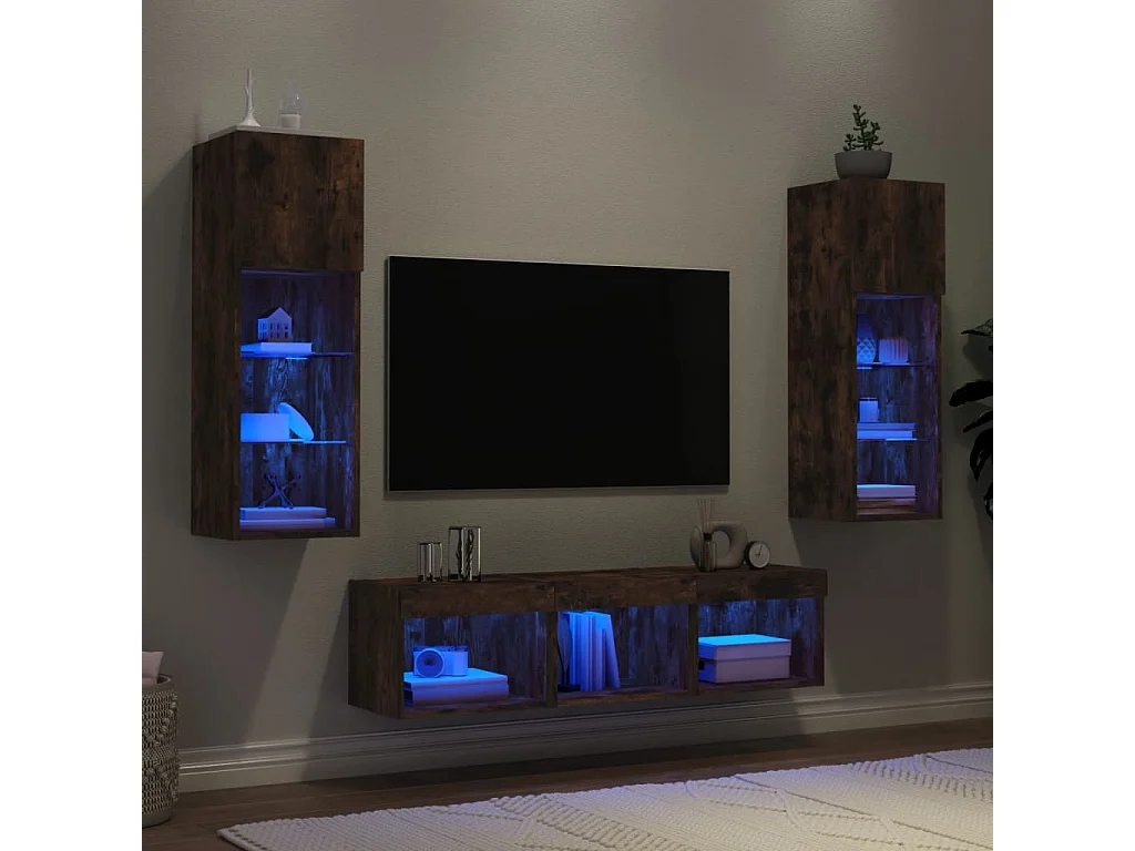 Muebles TV pared con LED 5 pzas madera ingeniería roble ahumado