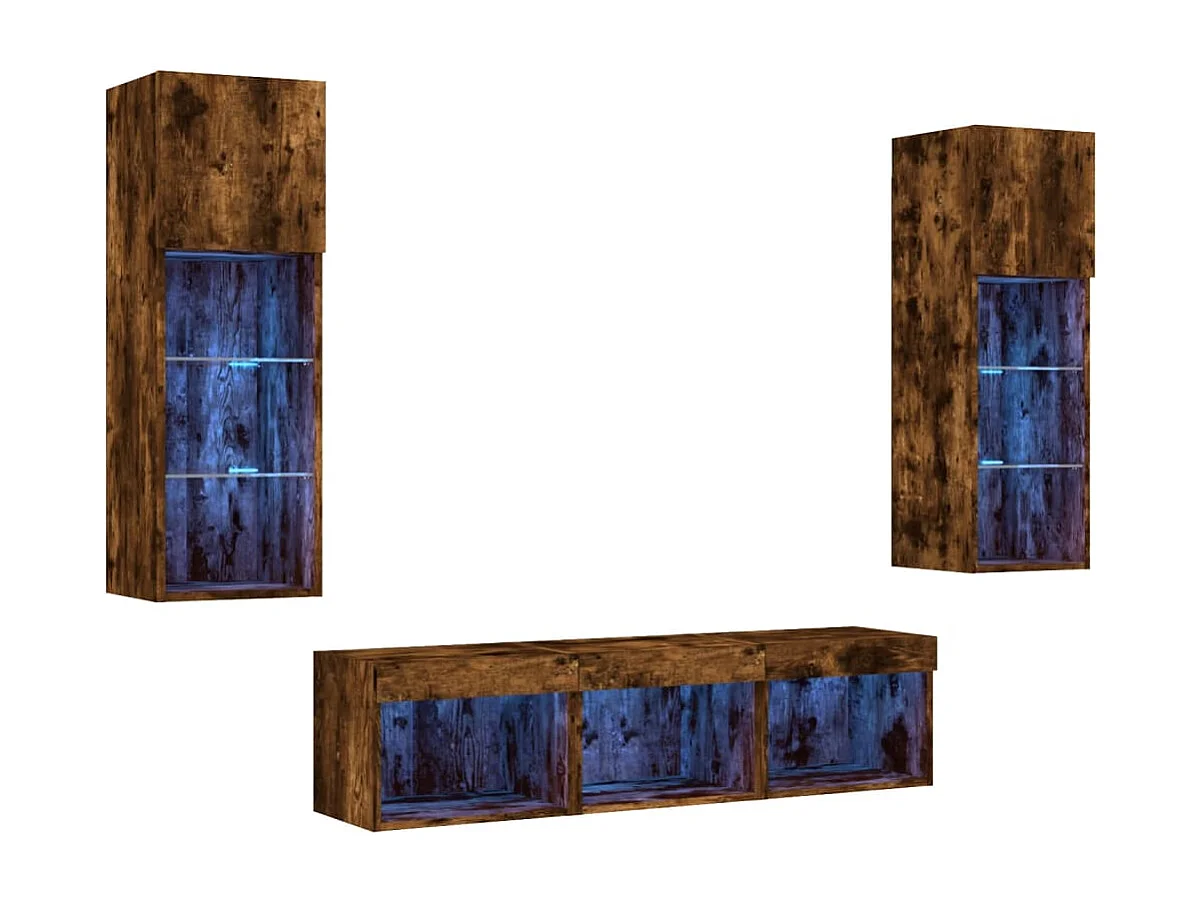 Muebles TV pared con LED 5 pzas madera ingeniería roble ahumado