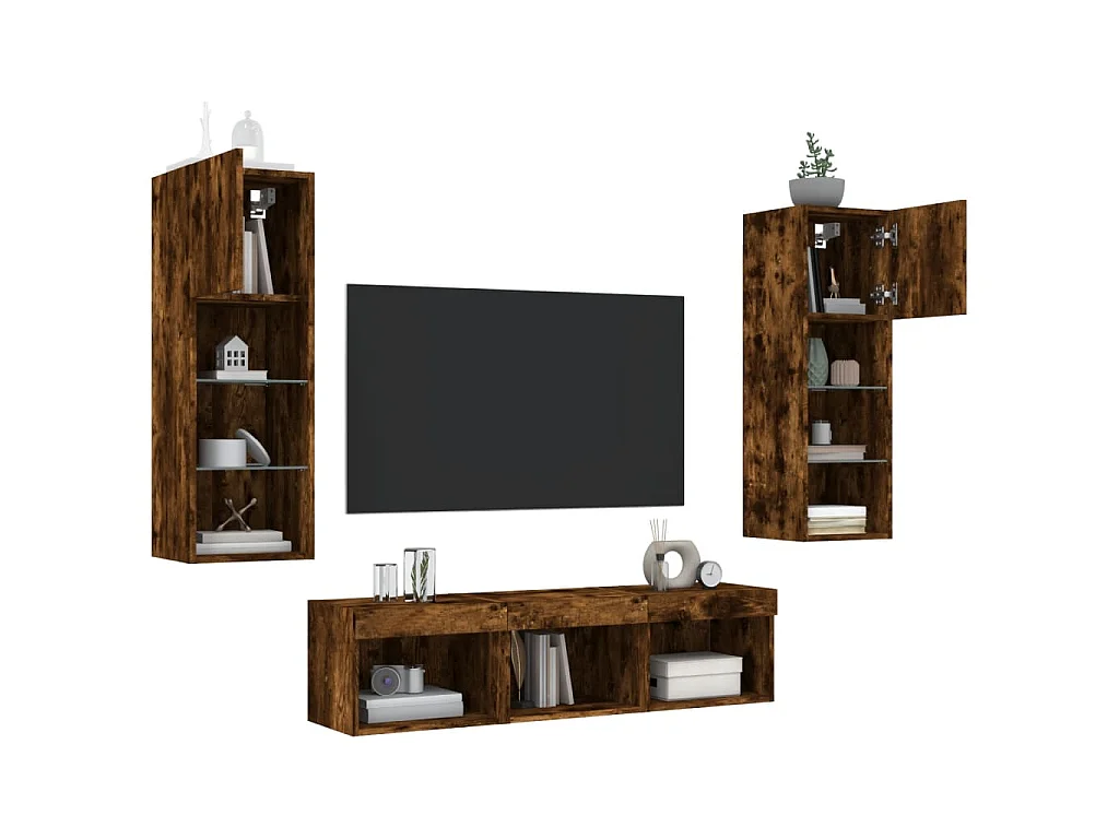 Mobili TV a Muro con LED 5pz Rovere Fumo in Legno Multistrato