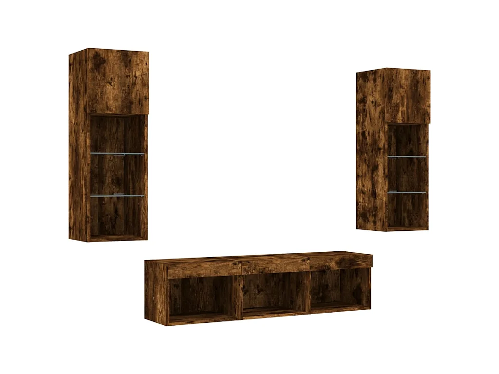 Mobili TV a Muro con LED 5pz Rovere Fumo in Legno Multistrato