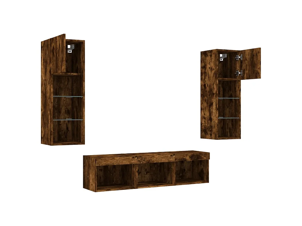Mobili TV a Muro con LED 5pz Rovere Fumo in Legno Multistrato